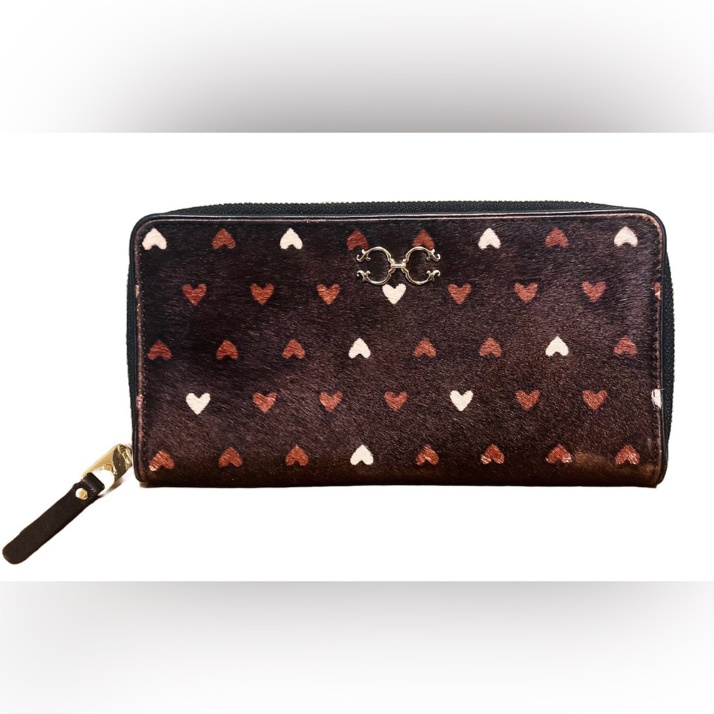 C Wonder Brown Calf Hair Hide with Heart, Zip Wallet